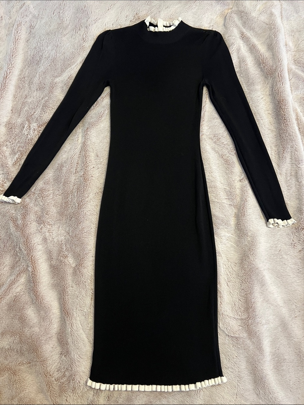 H&M Black Long Sleeve Midi Dress with White Ruffle Trim